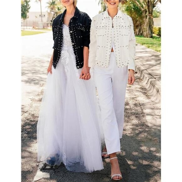 Black Denim Studded Jean Jacket Distressed Western Embellished Trucker Jacket - Picture 8 of 9